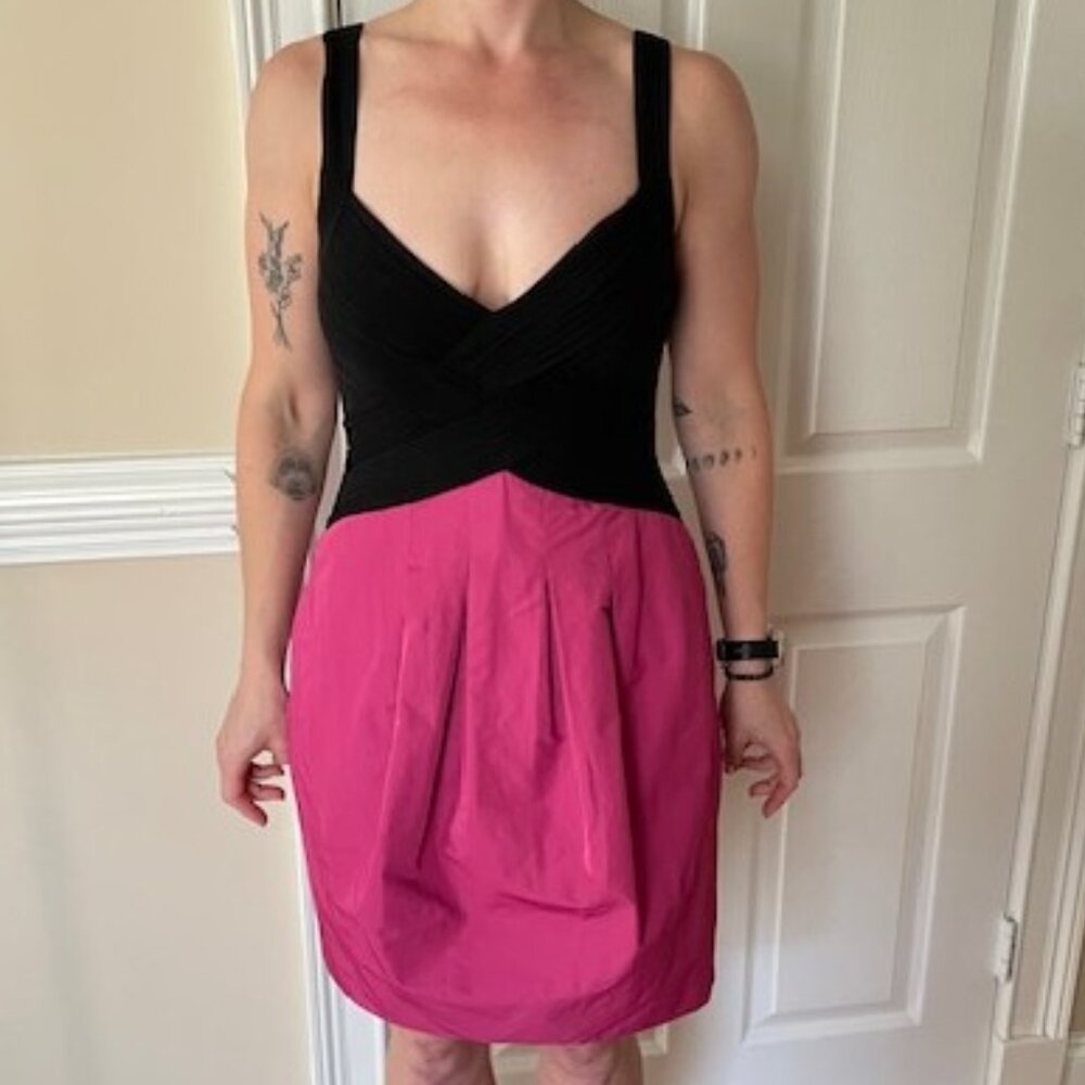 Black & Fuchsia Pink Ruched Halter Cocktail Dress with Pockets